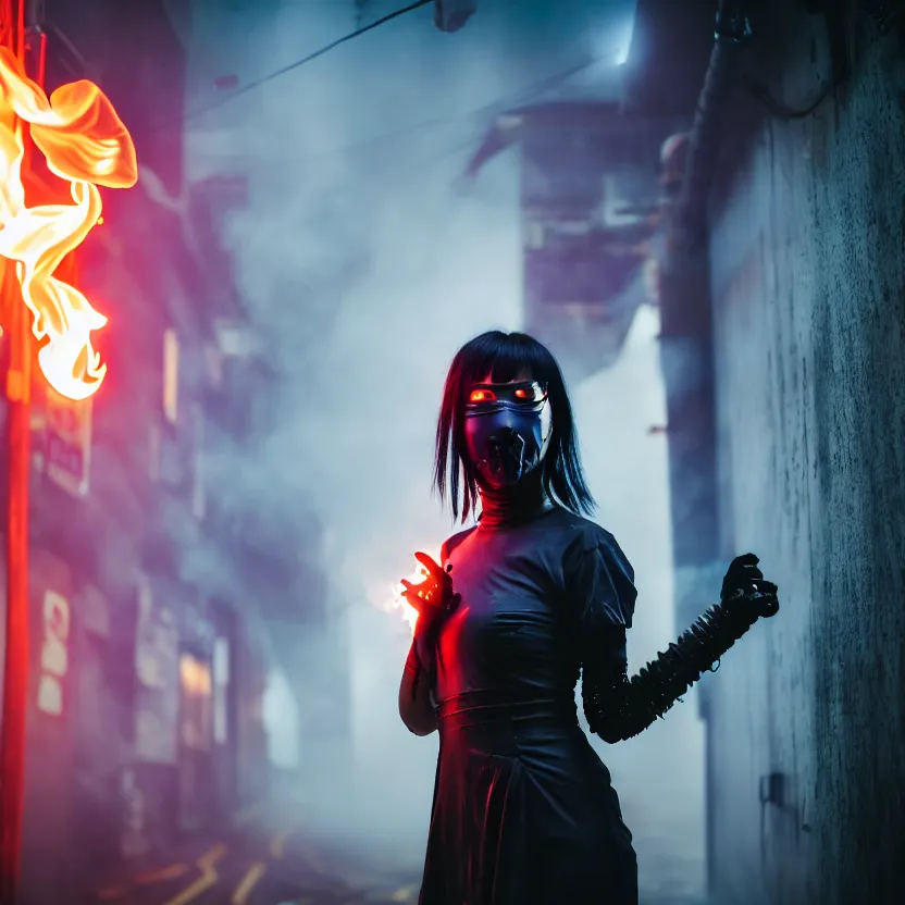 Prompt: a photo close up cyberpunk woman, wearing ninja mask, fire dance in cyberpunk dirty alley, smoke mist rain, cyberpunk gunma prefecture, midnight, photorealistic, cinematic color, studio lighting, highly detailed, bokeh, style by tomino - sama