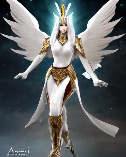 Image similar to perfect white haired egyptian goddess wearing white dove wings, warframe armor, regal, attractive, ornate, sultry, beautiful, dreamy, half asian, pretty face, blue eyes, detailed, scifi platform, 4 k, ultra realistic, epic lighting, android body, illuminated, cinematic, masterpiece, art by akihito tsukushi, voidstar, artgerm