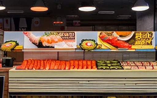 Prompt: A small wooden stand selling sushi stands in a large supermarket that sells groceries, cinematic lighting, commercial photography