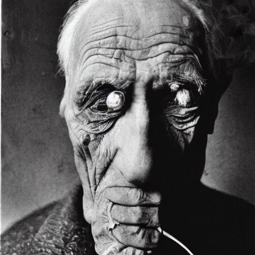 Prompt: photographic portrait of wrinkly sad max ernst with spiraling cigarette smoke, in fog, medium long shot