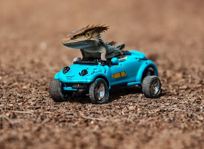 Prompt: dslr portrait still of a bearded dragon driving a little toy car, 8 k 8 5 mm f 1. 4