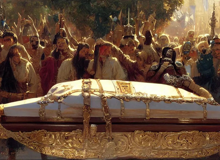 Prompt: the king's funeral, the king dead in the coffin, highly detailed painting by gaston bussiere, craig mullins, j. c. leyendecker