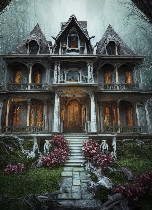 Image similar to A haunted Mansion in the middle of the woods, evil, demonic, enchanting, angelic, flowers, nature, city, symmetry, environment concept, cinematic, Rendered in Octane, trending on artstation, cgsociety, moody lighting rendered by octane engine, environment 8K artstation, cinematic lighting, intricate details, 8k detail post processing, hyperealistic, octane render, photo realism, visually inspired by Blade Runner 2049