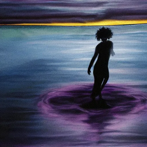 Image similar to purple sunset with a real black silhouette of a demonic walking on water, the sky falls to the ground, high detail