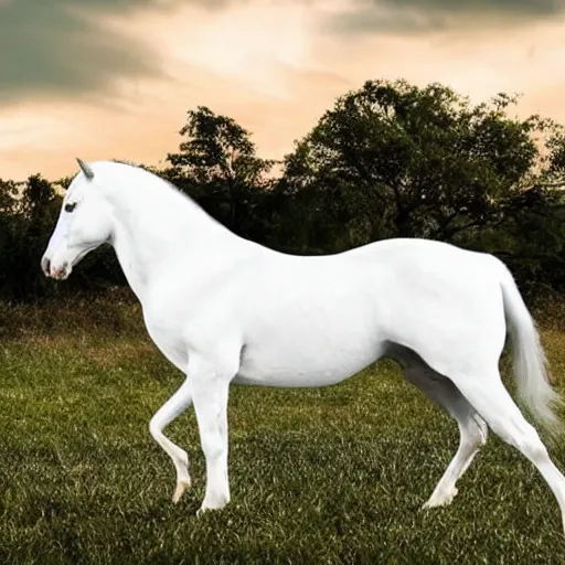 Image similar to a beautiful white realistic horse that is held up by 2 realistic human hands
