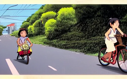 Prompt: a young girl riding a bike with a basket in a small town, 1970s philippines, art by hayao miyazaki, studio ghibli film, hi res, 4k, perfect face