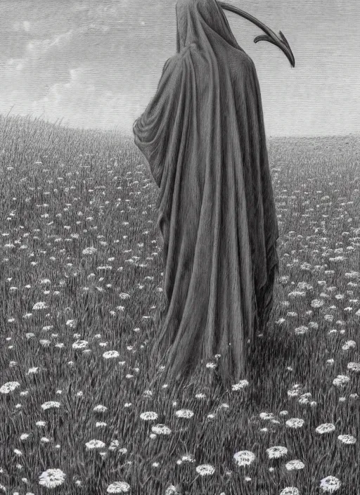 Prompt: faceless grim reaper with veil over face holding scythe at distance in beautiful meadow of flowers, detailed pencil illustration by gustave dore, highly detailed, centered, high resolution, smooth, sharp focus, illustration, 8k