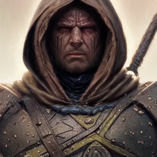 Image similar to the hooded doomslayer as a realistic d & d fantasy character, closeup portrait art by donato giancola and greg rutkowski, vintage retro, realistic face, digital art, trending on artstation, symmetry!!