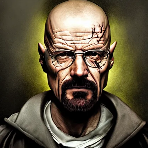 Image similar to Walter White Zombie Butcher, portrait, fantasy, medieval, vivid colors, elegant, concept art, sharp focus, beautiful face, digital art, Hyper-realistic, 4K, Unreal Engine, Highly Detailed, HD, Dramatic Lighting by Brom, trending on Artstation