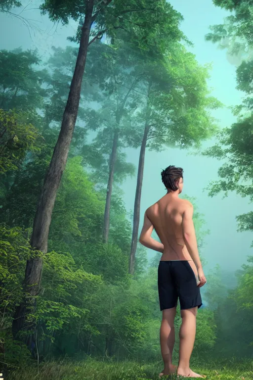 Image similar to young man with wavy black shoulder length hair, muscular back, plain cotton shorts, back view, trees, detailed forest background, webtoon, breathtaking scenery, colourful, 8 k, graphic novel, digital art trending on artstation, volumetric lighting, octane render, cinematic, hyper detailed, magical atmosphere