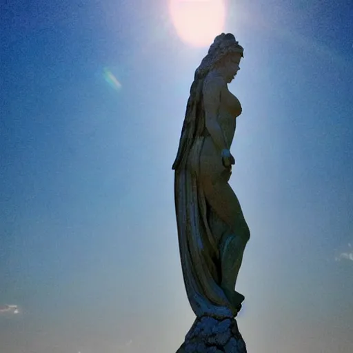 Prompt: venus, nike, the winged victory of samothrace statue made of cyan crystal on a rock in the clouds dramatic low light volumetric lighting epic towering clouds central composition stylised close up to ample soft touch lighting from the side by sunset