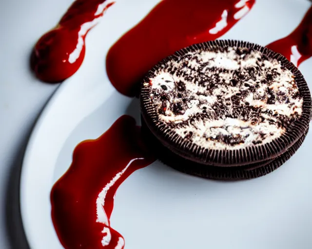 Image similar to dlsr food photograph of an oreo dipped in ketchup, on a white platebokeh, 5 0 mm f 1. 4