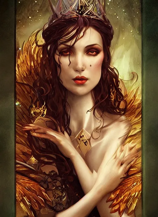 Image similar to tarot!!, fairy queen, fantasy medieval, no noise, elegant, concept art, sharp focus, beautiful face!!, digital art, smooth defined outlines!!, by Brom, trending on Artstation, Tom Bagshaw, Sargent