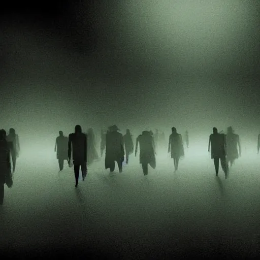 Prompt: mob of faceless shadow zombies. high angle from 2 nd floor cinematic movie photograph looking down diagonally across a spooky dark very foggy main street intersection in an abandoned small town at night, muted greens muted yellows color palette. dozens of faceless ghouls walking towards us menacingly through the dense fog. 2 point perspective. overrun with dark zombie shadows.