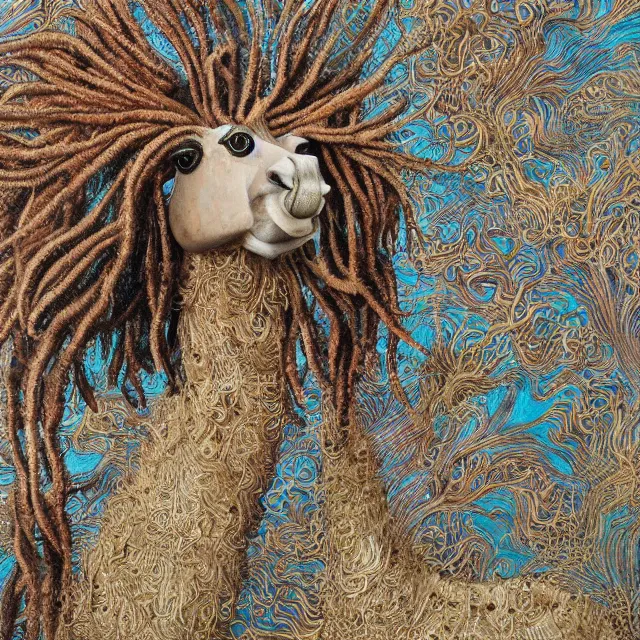 Image similar to llama with dreadlocks, detailed, by ernst haeckel, james jean, el anatsui, mandy jurgens