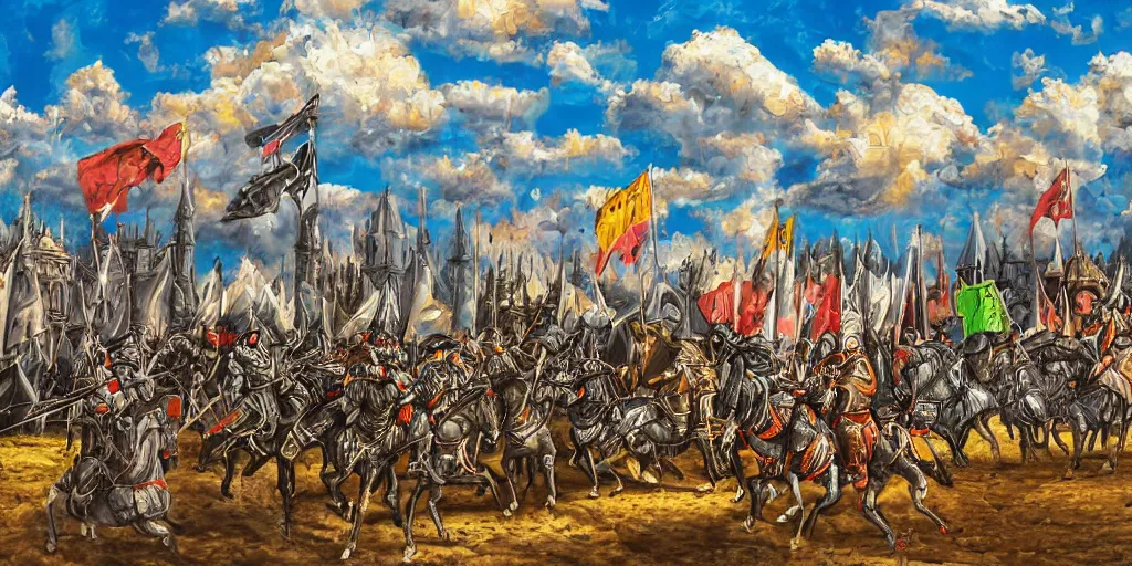 Image similar to h. r. giger style painting of medieval knights jousting, grand castle tournament grounds, colorful knight tents setup with unique sigils and banners, beautiful partly cloudy day