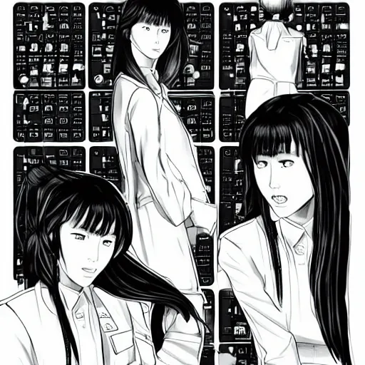 Prompt: beautiful twin sisters hacking into the mainframe of the pentagon, in the style of hiroya oku and riyoko ikeda, black and white, photorealistic, epic, super cool