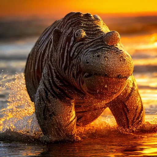 Image similar to a closeup photorealistic photograph of a cute smiling knitted tiger hippopotamus splashing in the surf at sunset. waves in background. professional capture. brightly lit scene. this 4 k hd image is trending on artstation, featured on behance, well - rendered, extra crisp, features intricate detail, epic composition and the style of unreal engine.