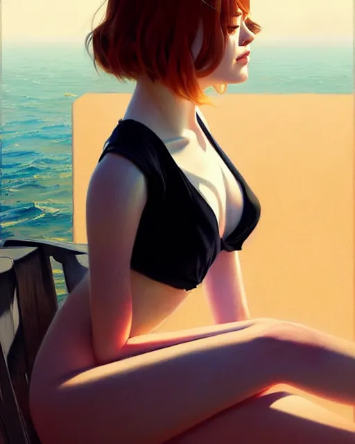 Prompt: an artistic pose, composition, emma stone, realistic shaded, fine details, realistic shaded lighting poster by ilya kuvshinov, magali villeneuve, artgerm, jeremy lipkin and michael garmash and rob rey