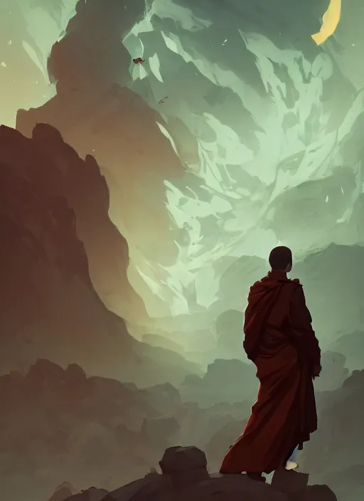 Prompt: A monk guiding a lost soul through a vast dark world with Broken Stone Statues of Deities, in the Style of Artgerm and Charlie Bowater and Atey Ghailan and Mike Mignola, vibrant colors and hard shadows and strong rim light, Comic Cover Art, plain background, trending on artstation