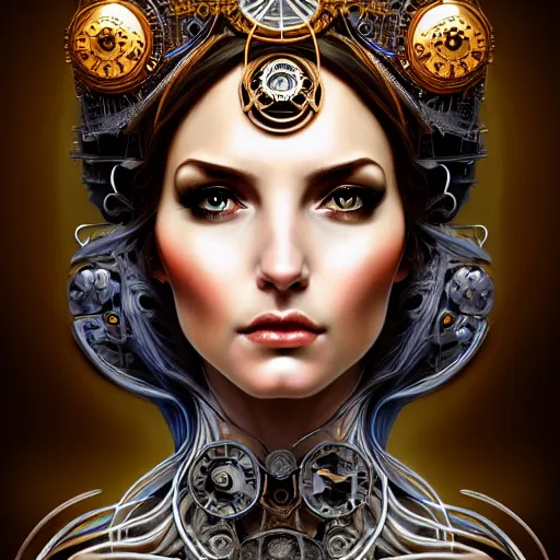 Prompt: portrait of the Goddess of Wisdom, elegant, intricate, steampunk, full frontal shot, highly detailed, digital painting, artstation, concept art, sharp focus, illustration, art by artgerm and H.R. Giger