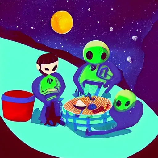 Prompt: “Aliens on a picnic on the moon, digital painting”