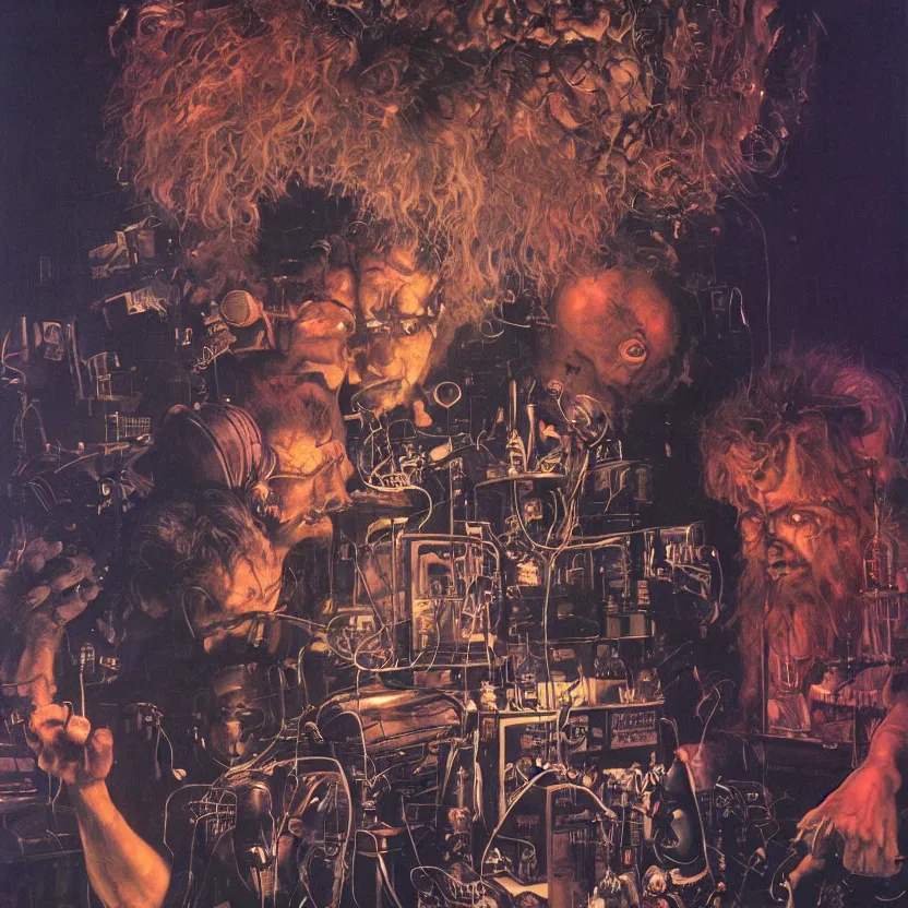 Prompt: a close - up view of a mad scientist with crazy hair experimenting on a television in a blacklight room, dark glowing laboratory, highly detailed science fiction painting by norman rockwell, tim jacobus, simon bisley, and sanjulian. detailed texture, rich colors, high contrast, gloomy atmosphere, dark background. trending on artstation