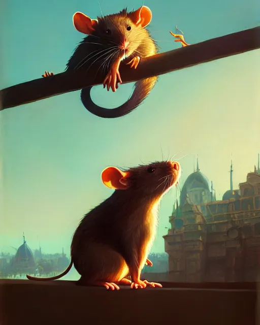 Prompt: highly detailed vfx portrait of a rat looking at you, unreal engine, greg rutkowski, loish, rhads, beeple, makoto shinkai and lois van baarle, ilya kuvshinov, rossdraws, tom bagshaw, alphonse mucha, global illumination, detailed and intricate environment