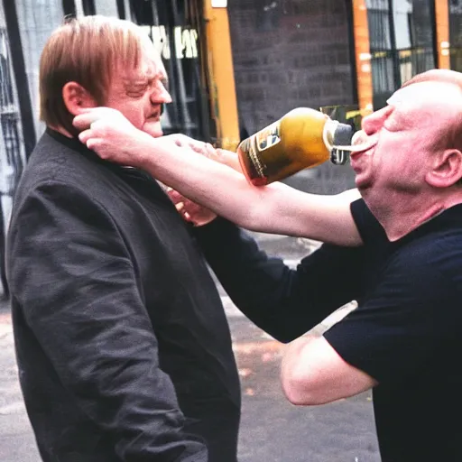 Prompt: Mark E Smith, smashing a beer bottle against the head of a chunky middle aged man who has balding very very short blonde hair and glasses