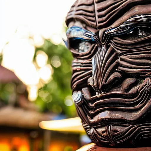 Image similar to a closeup photorealistic capture of glossy spider man style tiki mug at an outdoor trader vic's bar featuring the face of spider man. tiki theme. bright scene. fine detail. this 4 k hd image is trending on artstation, featured on behance, well - rendered, extra crisp, features intricate detail, epic composition and the style of unreal engine.