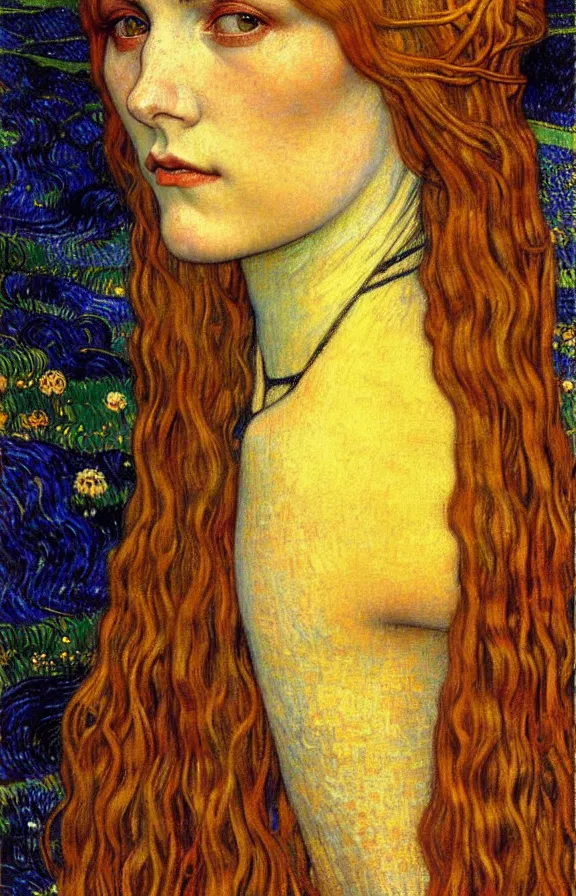 Image similar to detailed realistic beautiful young medieval queen face portrait by jean delville, gustav klimt and vincent van gogh, art nouveau, symbolist, visionary, gothic, pre - raphaelite, muted earthy colors, desaturated