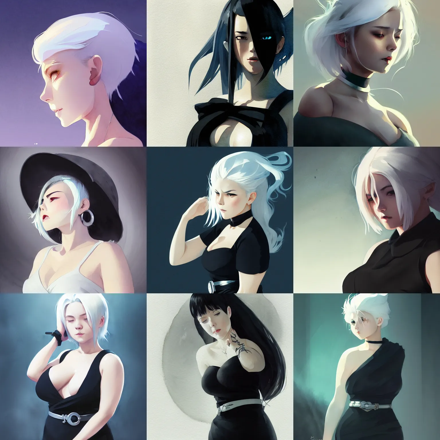 Prompt: curvy female with white hair, black dress with belt, silver jewellery, solid background color, digital art, illustration, smooth color, cinematic moody lighting, medium close up, vibrant watercolor, wenjun lin, studio ghibli, pixiv, artgerm, greg rutkowski, ilya kuvshinov