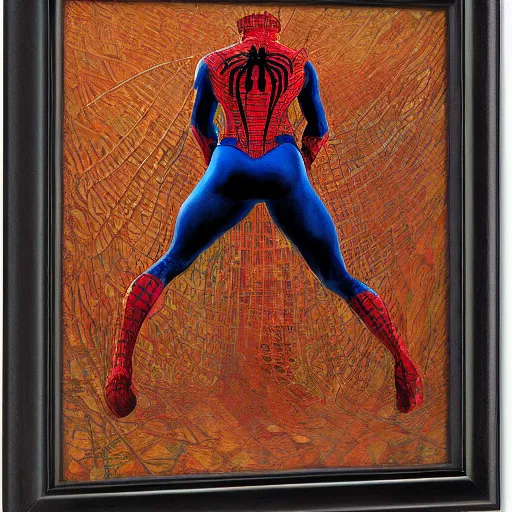 Image similar to Back view of spiderman, intricate, maximalism, deep shadows, award winning, by Ilya Repin