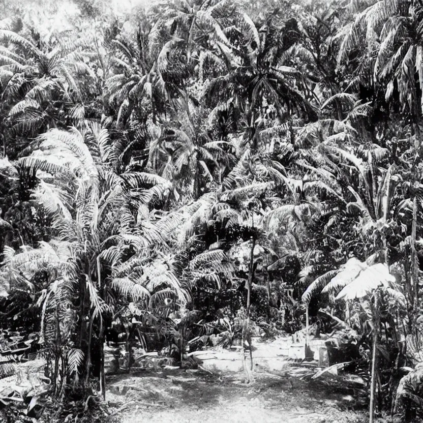 Image similar to a rizom lost film footage of a sacred ( ( ( ( ( ( ( indigenous ) ) ) ) ) ) ) artifact in the middle of the ( ( ( ( ( ( ( ( ( ( tropical jungle ) ) ) ) ) ) ) ) ) ) / ethnographic object / film still / cinematic / enhanced / 1 9 0 0 s / black and white / grain