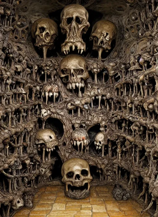 Prompt: Sedlec Ossuary hall, highly detailed, 55 mm lens, art by Ayami Kojima, Beksinski, Giger