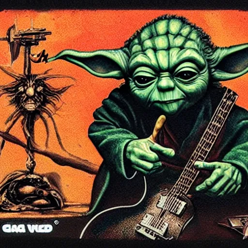 Image similar to Yoda playing guitar on a heavy metal album cover, 4k