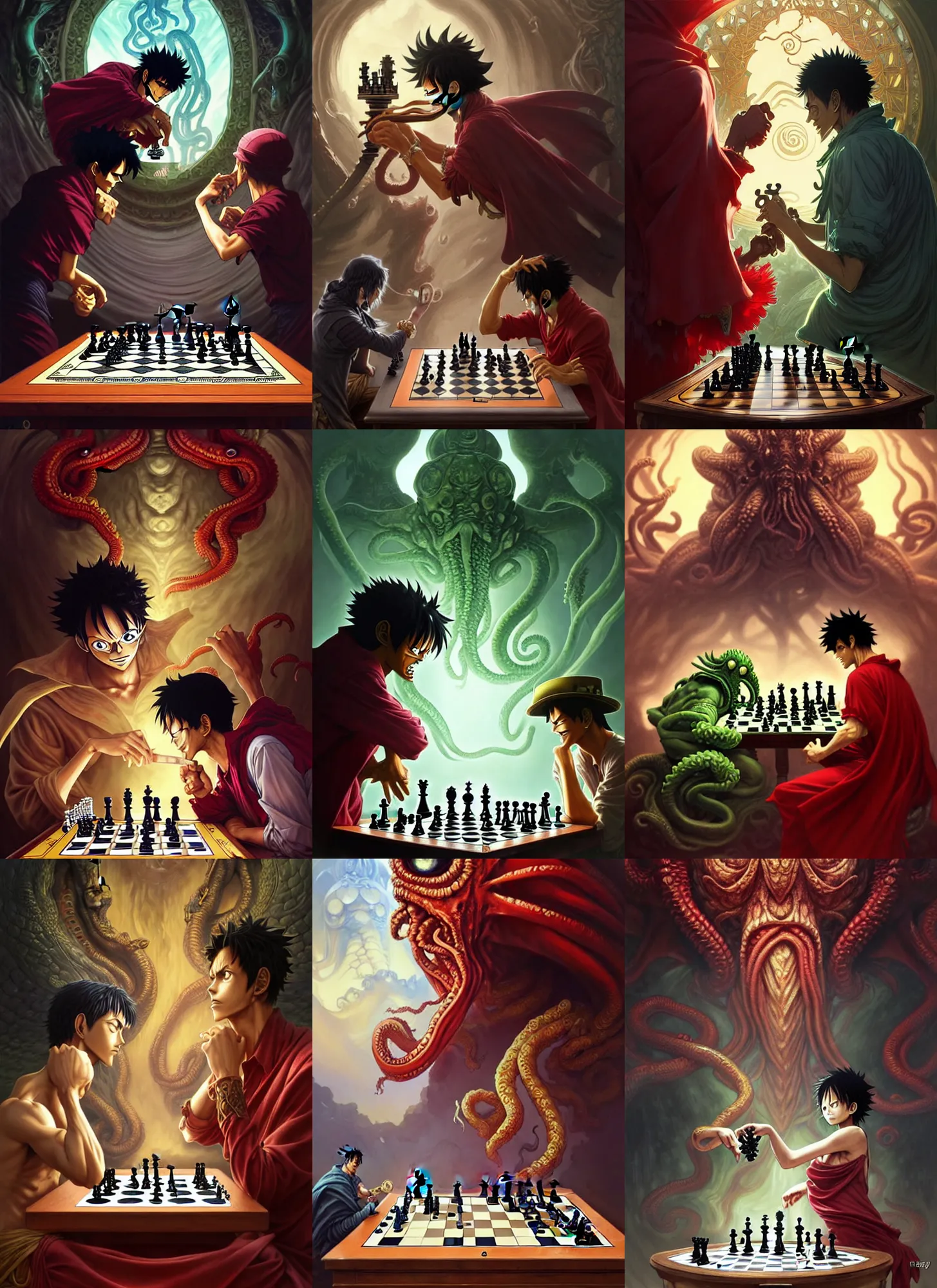 Prompt: luffy and cthulhu playing chess, 8 k, from waist up, fantasy, stunning, intricate, elegant. highly detailed, digital painting. artstation. smooth. sharp focus. illustration. art by artgerm and greg rutkowski and alphonse mucha and zdzislaw beksinski