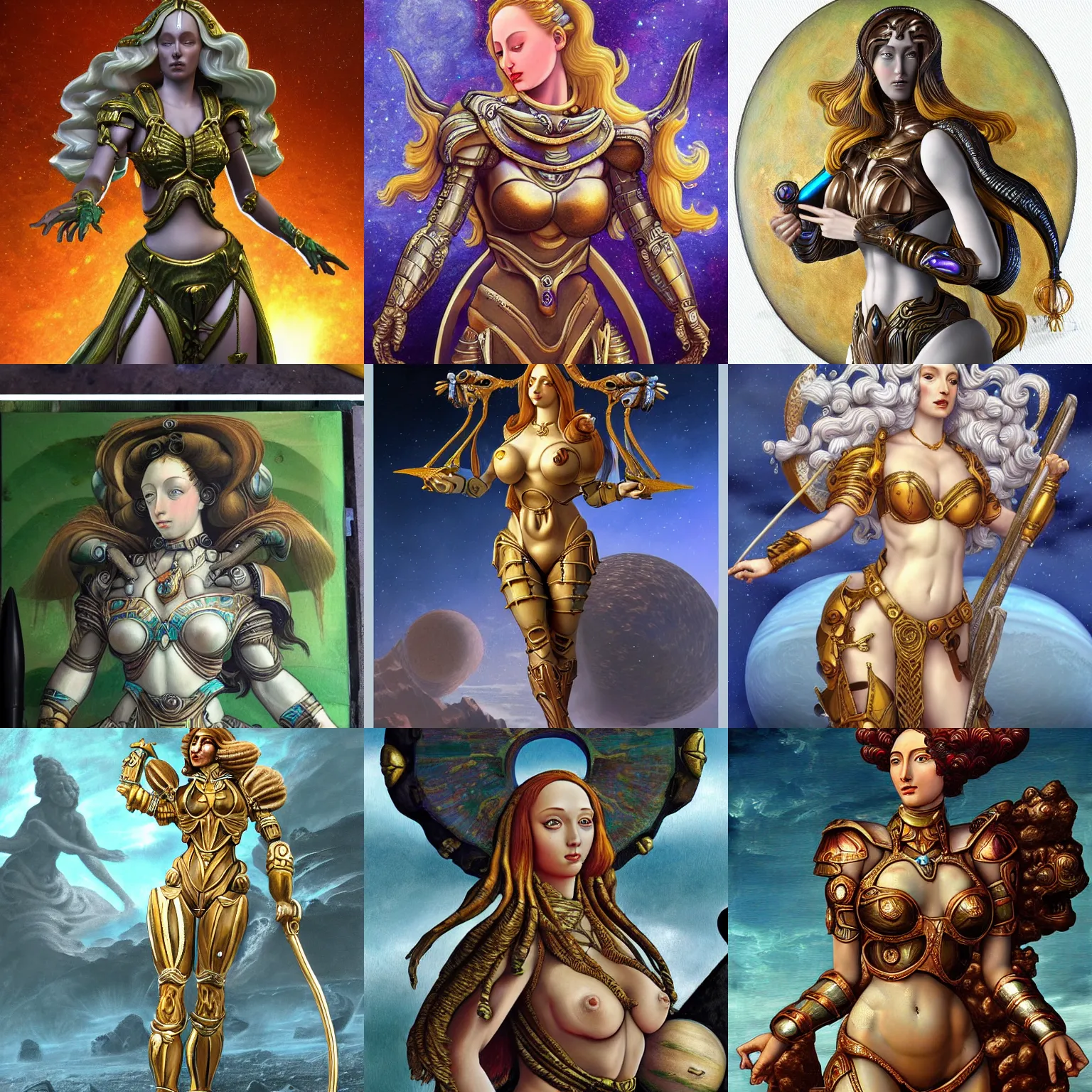 Image similar to venus goddess in ancient alien planet sci-fi armor, in the style of sandro botticelli, stylized, highly detailed, trending on artstation, award winning, painted warhammer miniature