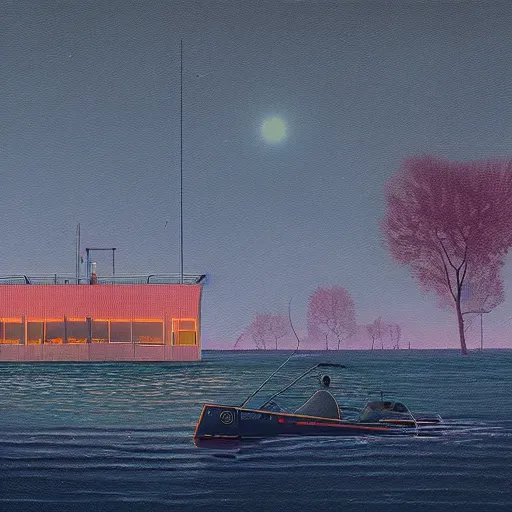 Image similar to yachting club by simon stalenhag