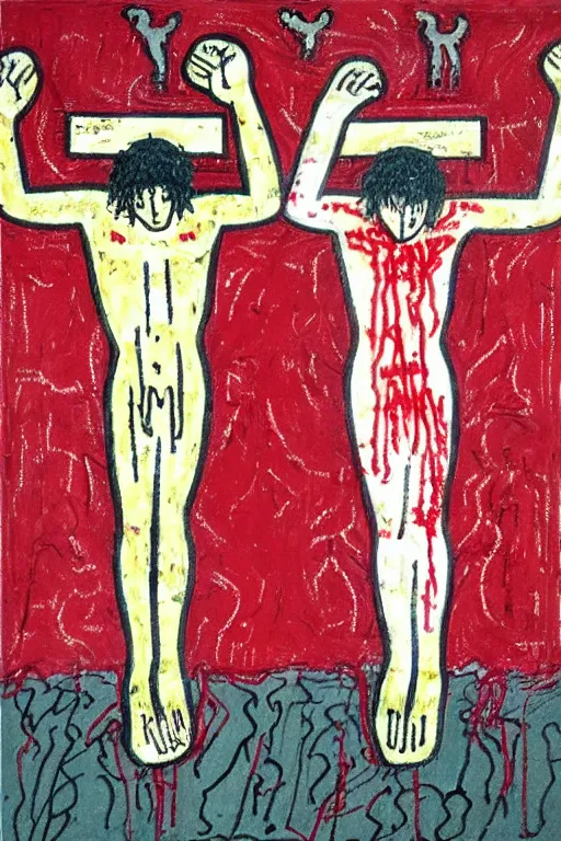 Image similar to bloody jesus christ crucified painted by cy twombly and keith haring