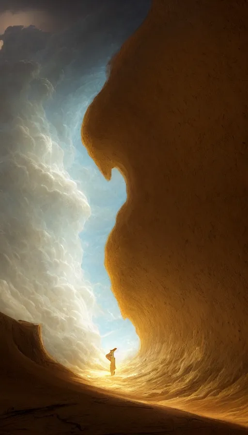 Image similar to a glowing magical portal inside a big wave made of sand fantasy desert, portal, a man watching over, lightning, arabia, by caspar david friedrich by james gillard and justin gerard, artstation, smooth, sharp focus, by jean baptiste, bernardo bellotto