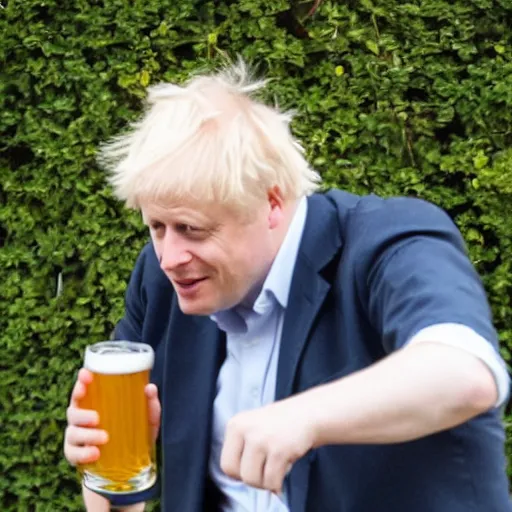 Image similar to Telephoto creepshot over a hedge of Boris Johnson drinking a beer in a garden