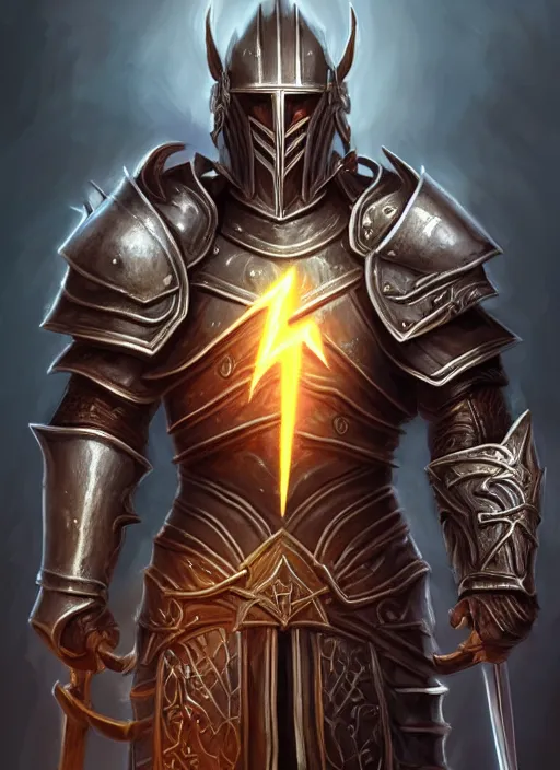 Prompt: portrait of an athletic male knight casting a lightning spell as a diablo 3 character, looking at camera, his armor is infused with lightning bolts, D&D, armor master, short hair, intricate, elegant, stylish, cute smile, fantasy, extremely detailed, digital painting, artstation, concept art, smooth, sharp focus, illustration, ambient lighting, art by artgerm and greg rutkowski and alphonse mucha and simon stalenhag