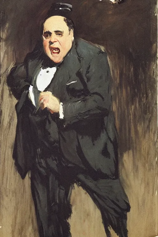 Image similar to portrait of a hulking herculean danny devito as a gentleman wearing an edwardian suit and top hat by walter sickert, john singer sargent, and william open