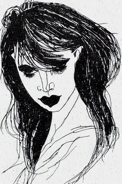 Prompt: ink lineart drawing of a beautiful trans woman, dark lips, white background, etchings by goya, chinese brush pen, illustration, high contrast, deep black tones contour