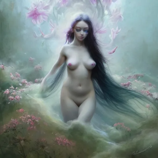 Prompt: A photorealistic rendering, full face and body portrait, long shot, pose, of a beautiful goddess, swarming in flowers, magical, pale skin, blue eyes, long black hair, floating in a misty daze, digital art by Pete Mohrbacher and Greg Rutkowski, Deviantart, Hemera, painting, photoshop, digitalart, digitalpainting, fantasy, goddess, light, photoshop, photoshoppainting