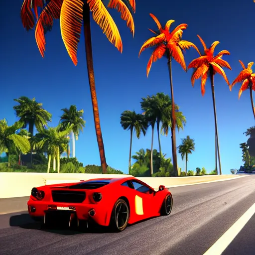 Prompt: a 3D render depicting Outrun videogame. Car from behind. Red Ferrari. Palm trees. Horizon. Unreal Engine. Octane Render. Vray. Arnold Render. Car Shader. 80s Videogame. infinite road. audience around the road. Miami