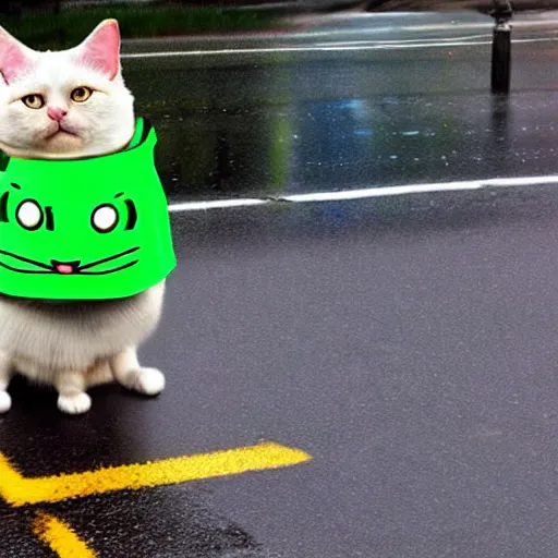 Image similar to a crying cat in the middle of a wet street while wearing a funny pickle costume, android photograph, meme picture