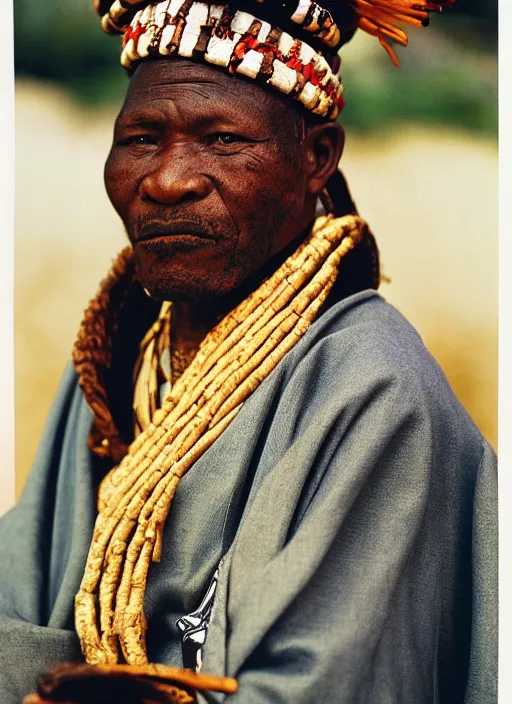 Prompt: analogue photo of an igbo chief in Haori & Hakama, 35mm, f/1.4, Golden Hour light, national geographic, photographed by Martha Cooper,