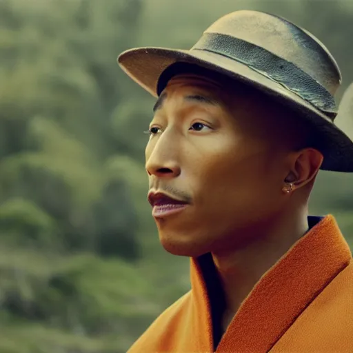 Image similar to cinematic film still Pharrell Williams starring as a Samurai holding fire, Japanese CGI, VFX, 2003, 40mm lens, shallow depth of field,film photography